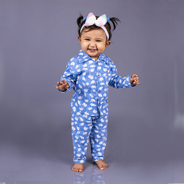 Full Sleeves Baby Elephant Printed Night Suit  for Baby/Kids - Light Blue 12-18 Months